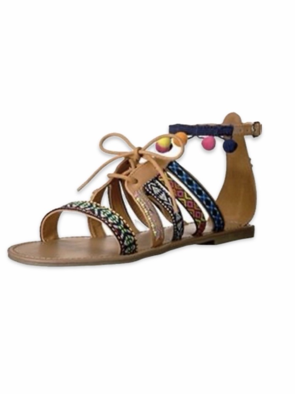 Indigo Rd. Baria Festival Flat Lace Up Sandals Colorful Boho Pom-Pom